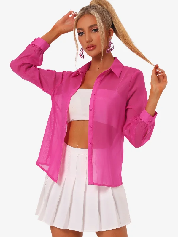 Sheer Button Up See Through Mesh Long Sleeve Blouse Shirt Puff Sleeve Blouse
