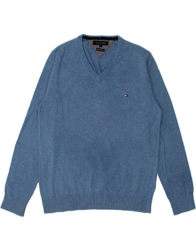 TOMMY HILFIGER Mens V-Neck Jumper Sweater Large Blue Cotton Hooded Caped Shawl Collar