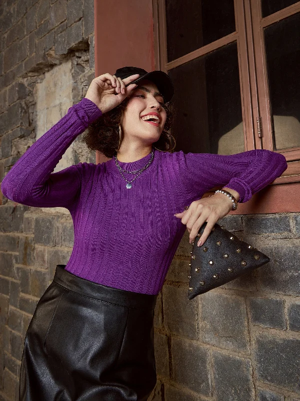 Women Purple Rib Full Sleeves High Neck Sweater Cotton Fabric Linen Fabric Terry Fabric Women Purple Rib Full Sleeves High Neck Sweater Cotton Fabric Linen Fabric Terry Fabric