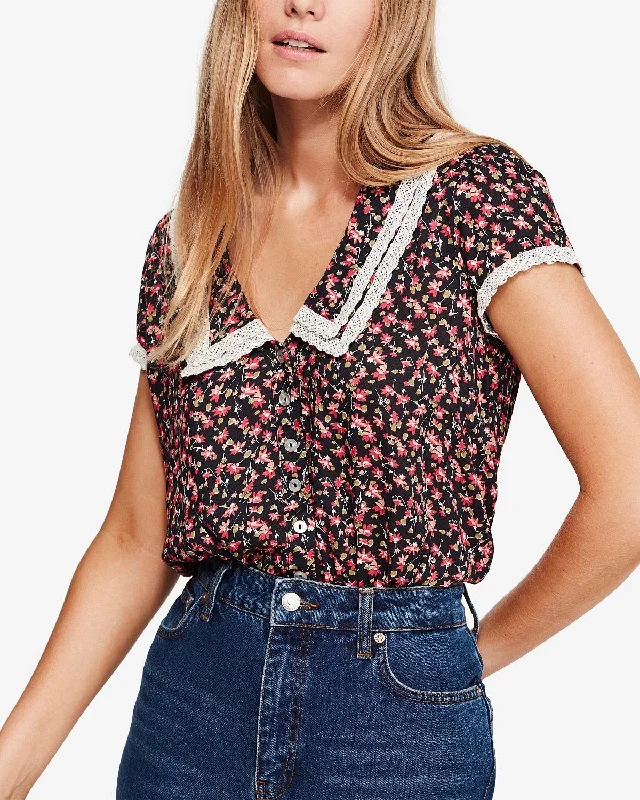 Free People - The Ana Printed Floral Blouse - Black Double-Layered Blouse