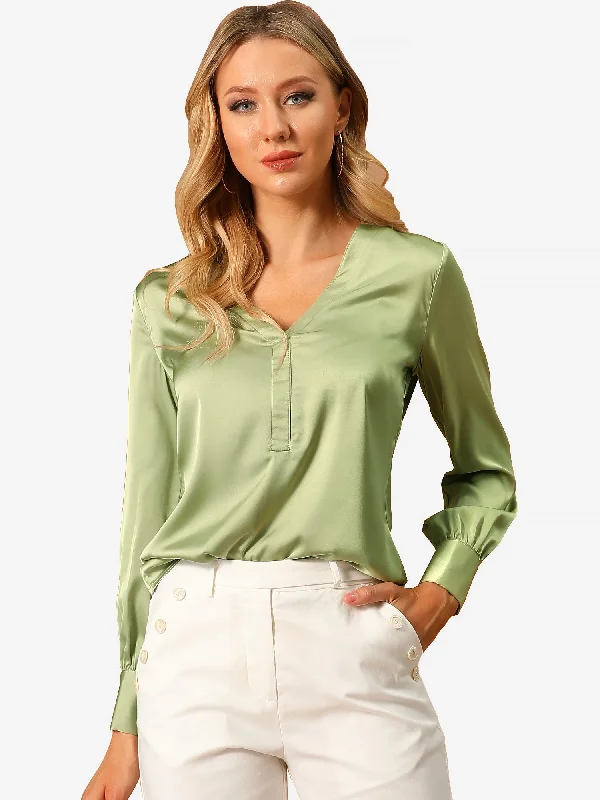 Elegant Satin Shirt Long Sleeve Office Work Blouse Tops Drape Neck Blouse