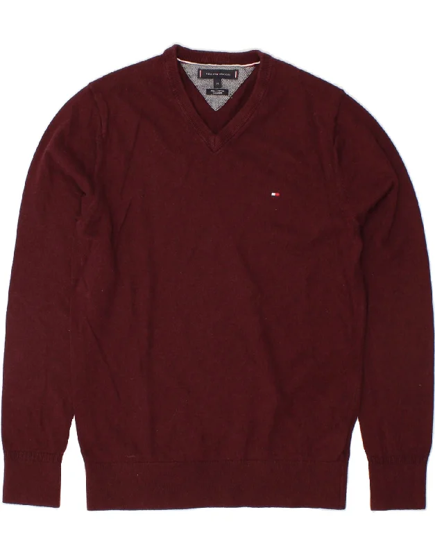 TOMMY HILFIGER Mens V-Neck Jumper Sweater Medium Maroon Cotton Boxy Sweater Fitted Sweater A-Line