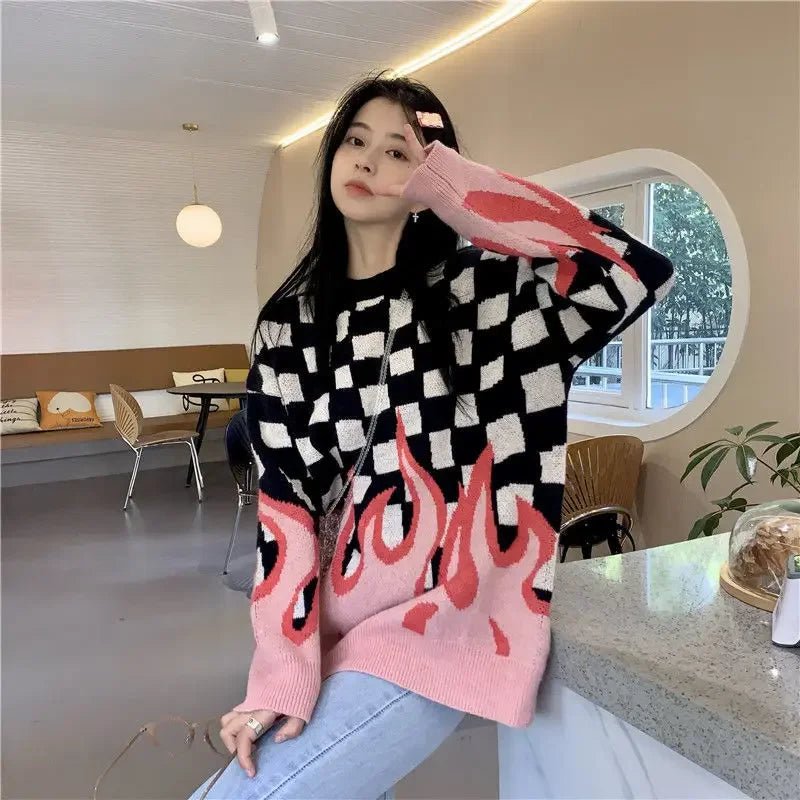 Womens Checkerboard Flame Sweater Nylon Fabric Polyester Fabric Spandex Fabric