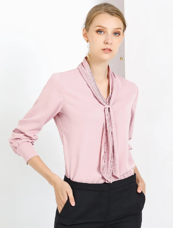 Long Sleeve Blouse Chiffon Pleated Tie Neck Office Top Shirt Chic Ruffle Blouse