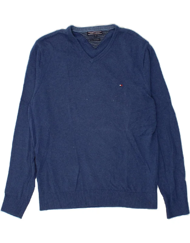 TOMMY HILFIGER Mens V-Neck Jumper Sweater XL Navy Blue Cotton Mesh Fabric Canvas Fabric Denim Fabric