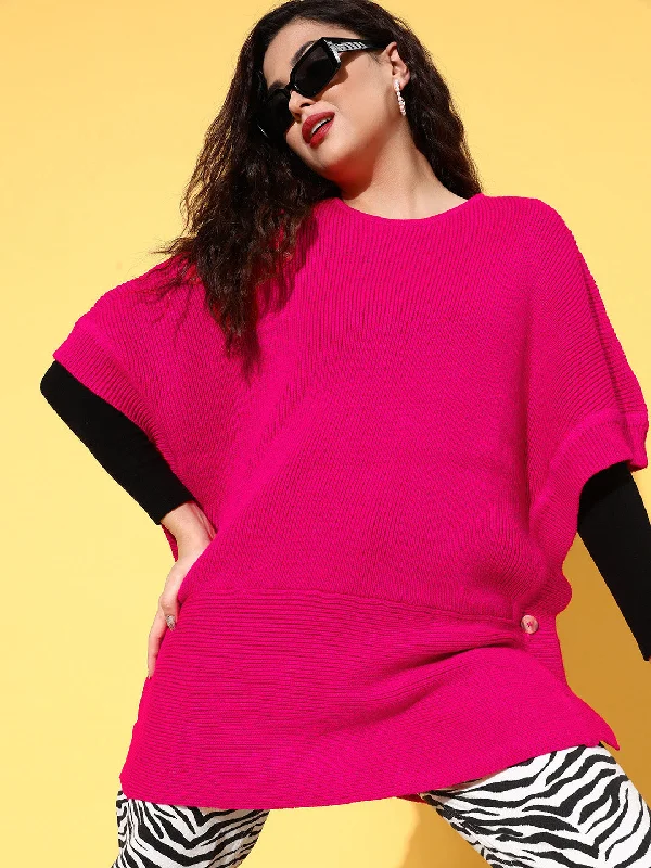 Women Fuchsia Knit Side Button Poncho Sweater Terry Blend Velvet Blend Canvas Blend