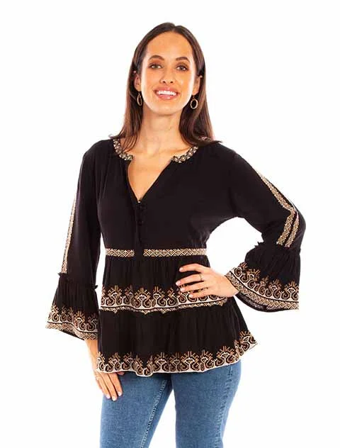 Women's Honey Creek Collection Blouse: Embroidery with Bell Sleeves Chic Wrap Blouse Women's Honey Creek Collection Blouse: Embroidery with Bell Sleeves Chic Wrap Blouse