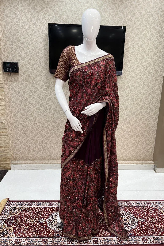 Wine Multicolor Embroidery, Sequins and Stone work Saree with Matching Unstitched Blouse Satin Long Blouse Wine Multicolor Embroidery, Sequins and Stone work Saree with Matching Unstitched Blouse Satin Long Blouse