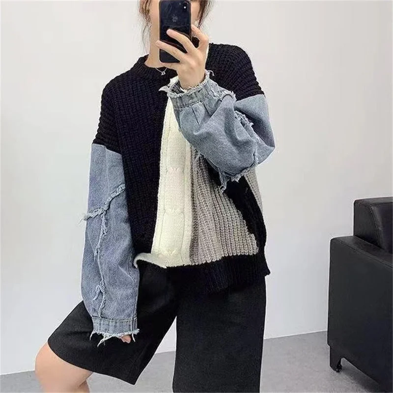 Wjczt 2024 fall fashion trends Denim Stitching Twist New Sweater Women's Spring and Autumn Pullover Top Slimming Temperament Loose Sweater Women's Clothing Zippered Front Buttoned Front Snap Front