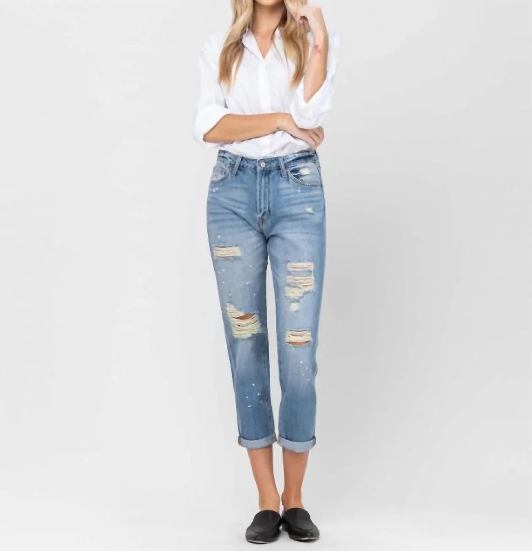 Distressed Paint Splatter Boyfit Jean In Blue Comfortable Zip-Up Skinny Jeans