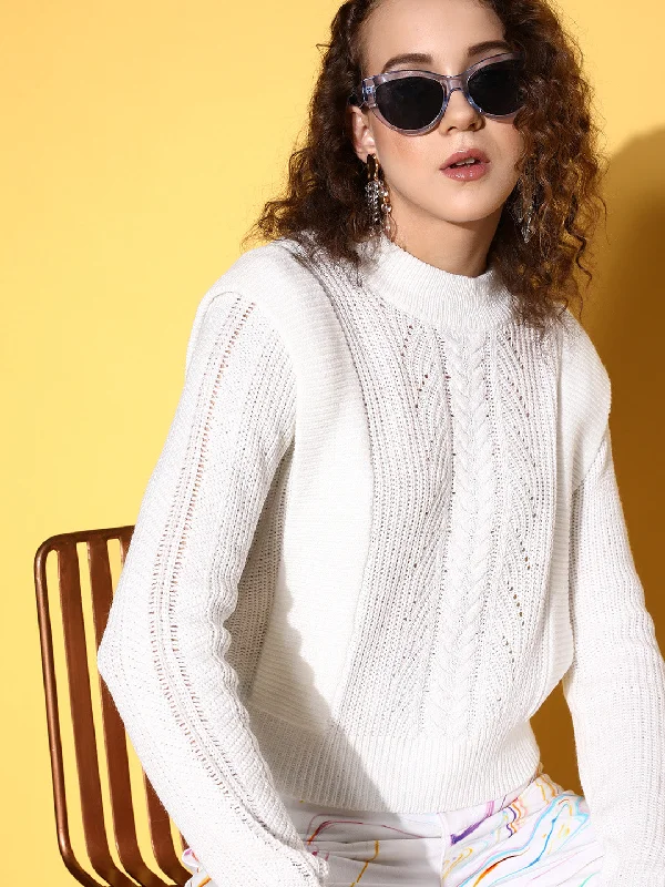 Women White Rib Frill Detail Loose Knit Sweater Sequined Glittery Shiny