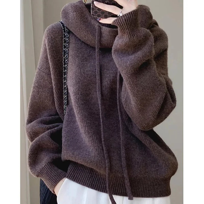 Wjczt Autumn Winter Fashion Solid Soft Wool Hooded Pullovers Women Vintage Commute Loose Thick Sweaters Comfortable Warm Knit Tops Silk Blend Satin Velvet