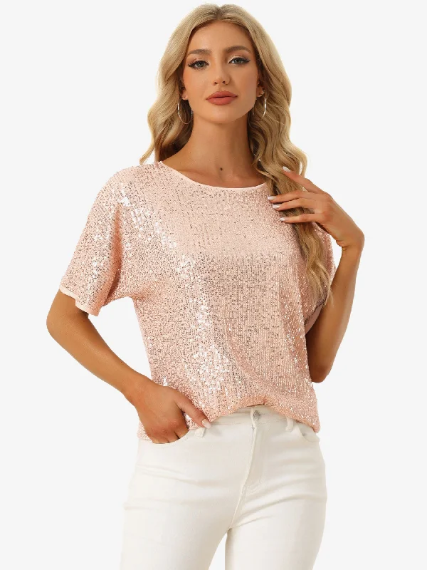 Sequin Top Round Neck Short Sleeve Party Clubwear Blouse Lightweight Chiffon Blouse