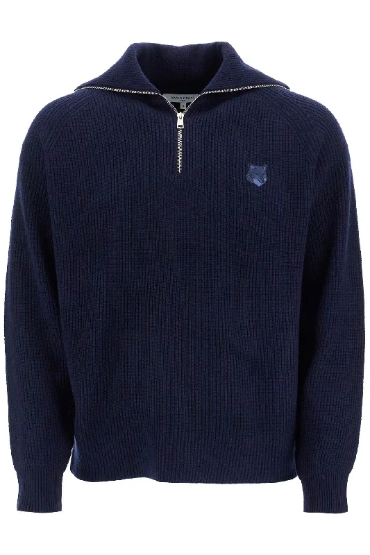 ink blue wool sweater with fox head patch and half zip LM00807KT1093 INK BLUE Bright Pastel Dark