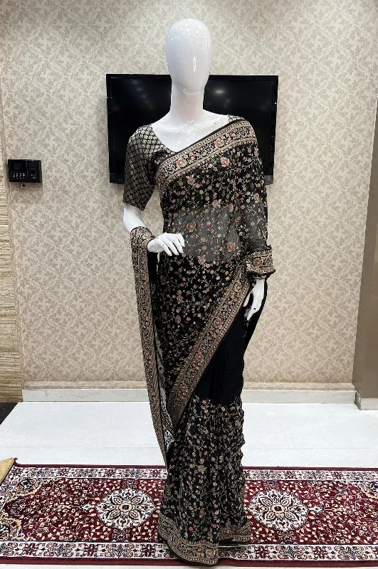 Black Multicolor Embroidery and Stone work Saree with Matching Unstitched Blouse Sheer Mesh Blouse Black Multicolor Embroidery and Stone work Saree with Matching Unstitched Blouse Sheer Mesh Blouse