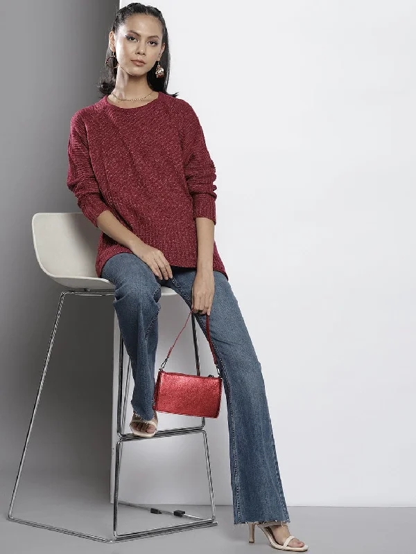 Women Maroon Rib Knit Round Neck Full Sleeves Sweater Print Jacquard Patchwork