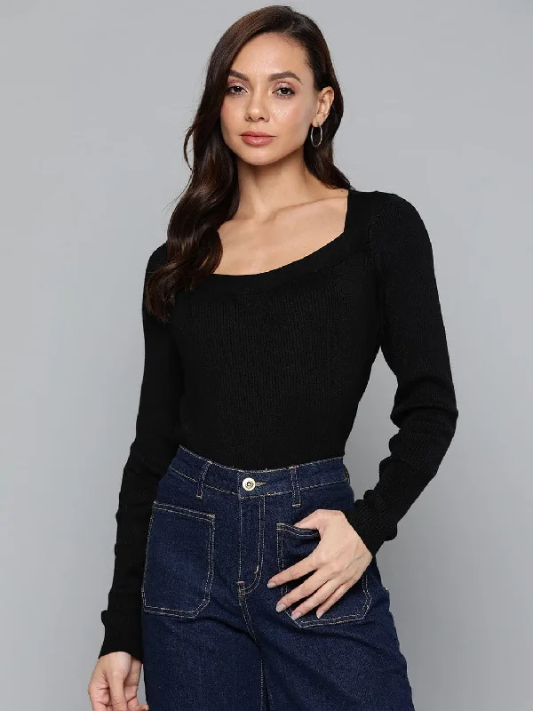 Women Black Rib Square Neck Full Sleeves Sweater Long Sweater Short Sweater Cropped Sweater Women Black Rib Square Neck Full Sleeves Sweater Long Sweater Short Sweater Cropped Sweater