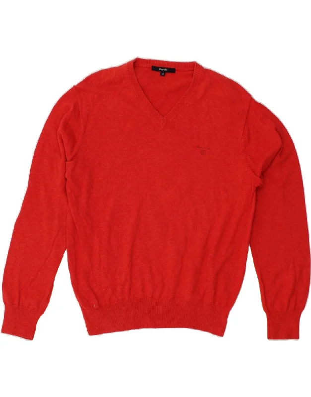 GANT Mens V-Neck Jumper Sweater Medium Red Cotton Sweater Knitwear Pullover