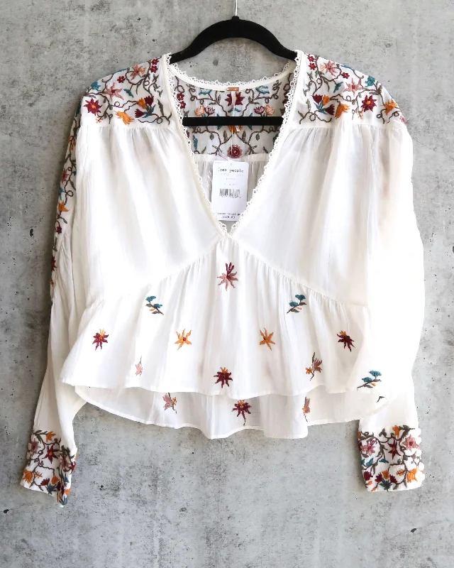 Free People Ava Embroidery Blouse - Ivory Chic Square Blouse