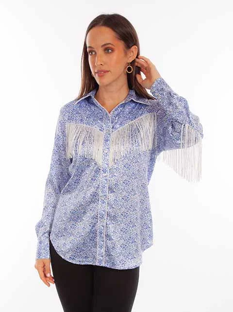Women's Honey Creek Collection Blouse: Blue Floral Print with Fringe Side Tie Blouse Women's Honey Creek Collection Blouse: Blue Floral Print with Fringe Side Tie Blouse