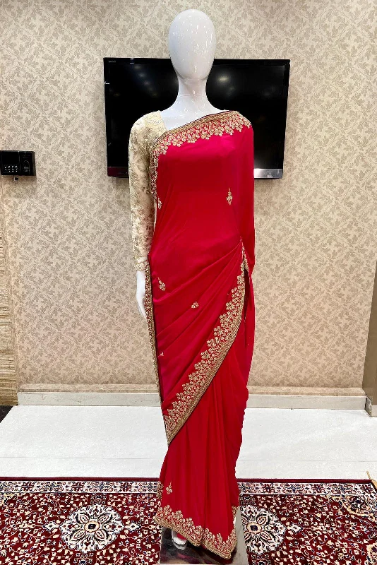 Rani Pink Pearl, Zari and Zardozi work Saree with Matching Unstitched Designer Blouse Elegant Lace Blouse Rani Pink Pearl, Zari and Zardozi work Saree with Matching Unstitched Designer Blouse Elegant Lace Blouse