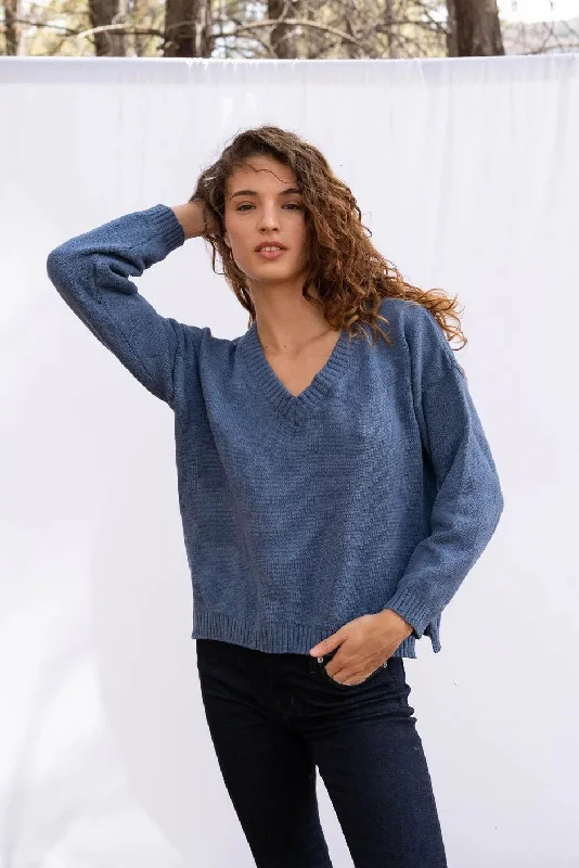 Jolene V Neck Sweater in Vintage Navy Lace Blend Ribbed Blend Corduroy Blend