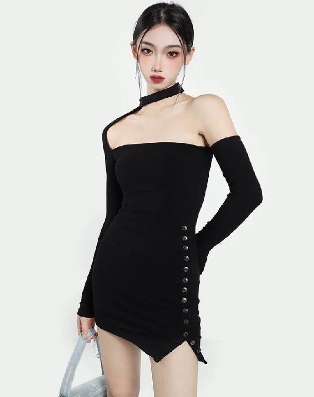 Fernanda Solid Color Black Halter Off The Shoulder Long Sleeve Slim Side Button Up Mini Dress Stylish Short-Sleeve Mini Dress