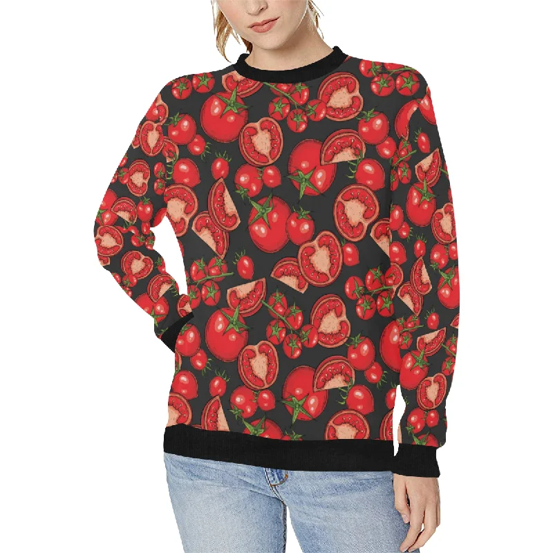 Tomato black background Women's Crew Neck Sweatshirt Hoodie with Puffed Sleeves Voluminous Trendy