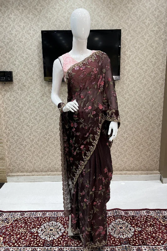 Wine Embroidery, Sequins and Beads work Saree with Matching Unstitched Designer Blouse Cotton Casual Blouse Wine Embroidery, Sequins and Beads work Saree with Matching Unstitched Designer Blouse Cotton Casual Blouse