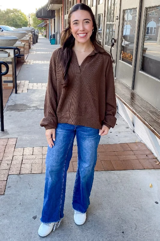 Couldn't Be Better Brown Collar Sweater Ribbed Striped Patterned