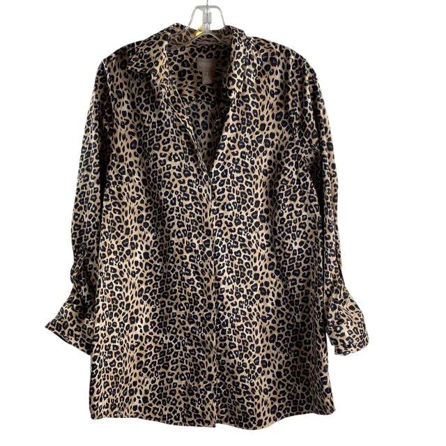 CHICOS Size CHICOS 1 Tan/Black Animal Long Sleeve Button Front Cotton BLOUSE Pastel Color Blouse