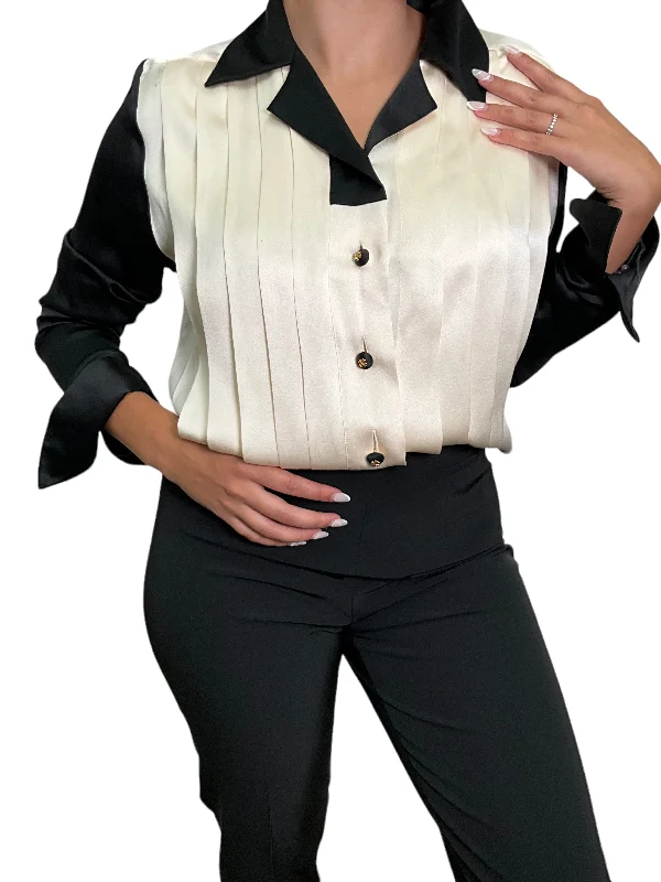 CHANEL Pleated Silk Charmeuse Blouse Size M Classic White Blouse