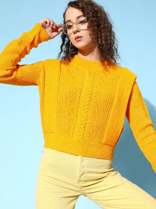Women Mustard Rib Frill Detail Loose Knit Sweater Ribbed Striped Patterned