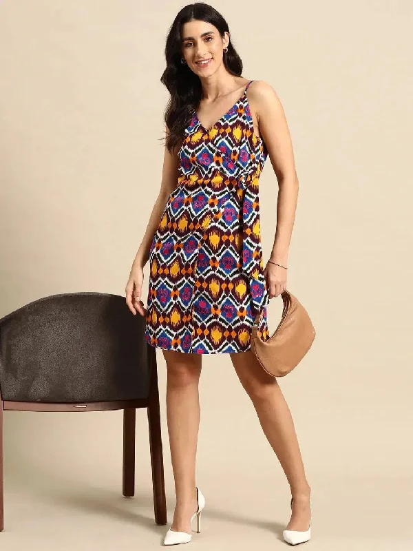 Overlap Mini Dress with side tie up in Multi color Ikkat Print Cozy A-Line Mini Dress