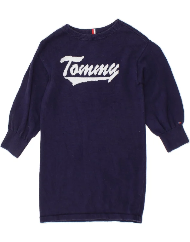 TOMMY HILFIGER Girls Graphic Jumper Dress 4-5 Years XS Navy Blue Cotton Oversized Loose Flowy