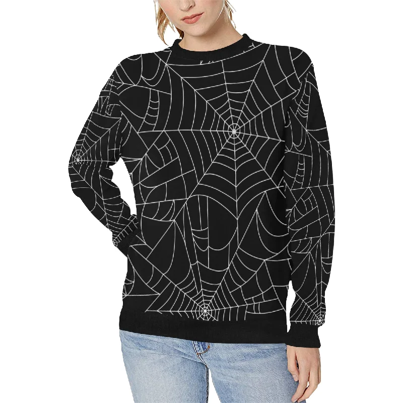 Spider web pattern Black background white cobweb Women's Crew Neck Sweatshirt Hoodie with Snap Buttons Easy Quick