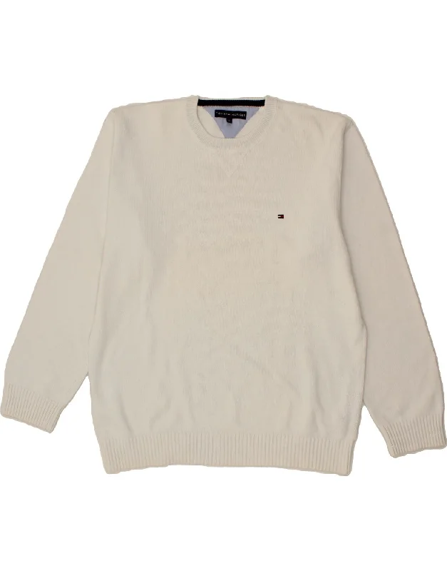 TOMMY HILFIGER Mens Crew Neck Jumper Sweater 2XL White Cotton Layered Multi-layer Single Layer