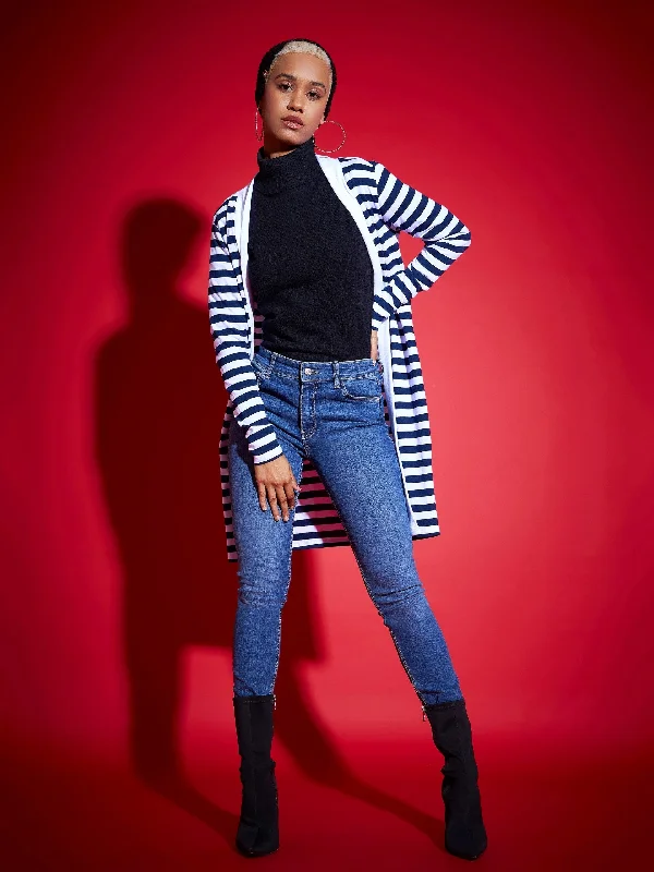 Women Navy & White Striped Front Open Sweater Layered Multi-layer Single Layer