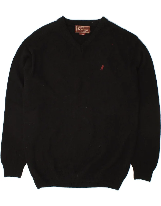 MARLBORO CLASSICS Mens V-Neck Jumper Sweater Large Black Wool Real Fur Shearling Chenille