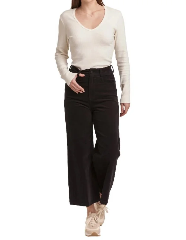 Aubrey Baby Cord Wide Leg Jean In Black Comfortable Zip-Fly Denim Jeans
