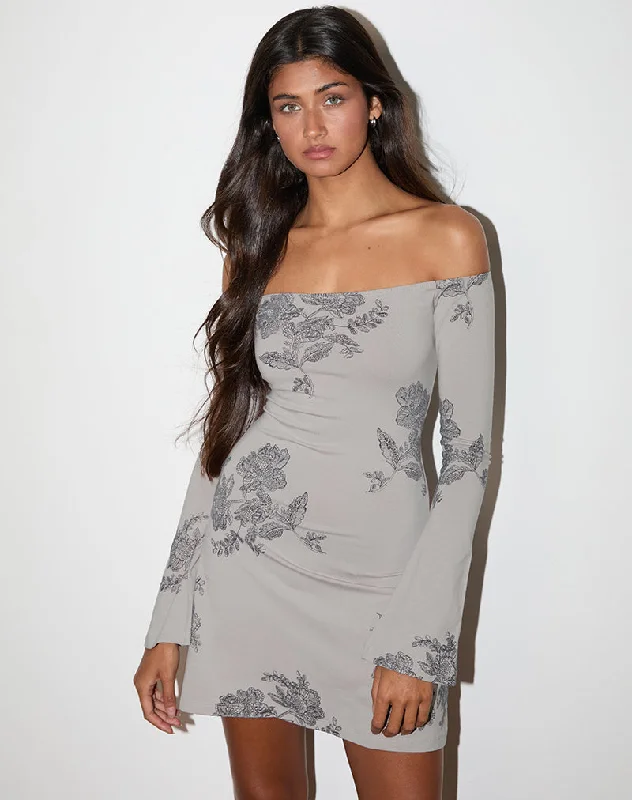 Kausar Off Shoulder Mini Dress in Lace Flower Grey Stylish Sweetheart Neck Mini Dress