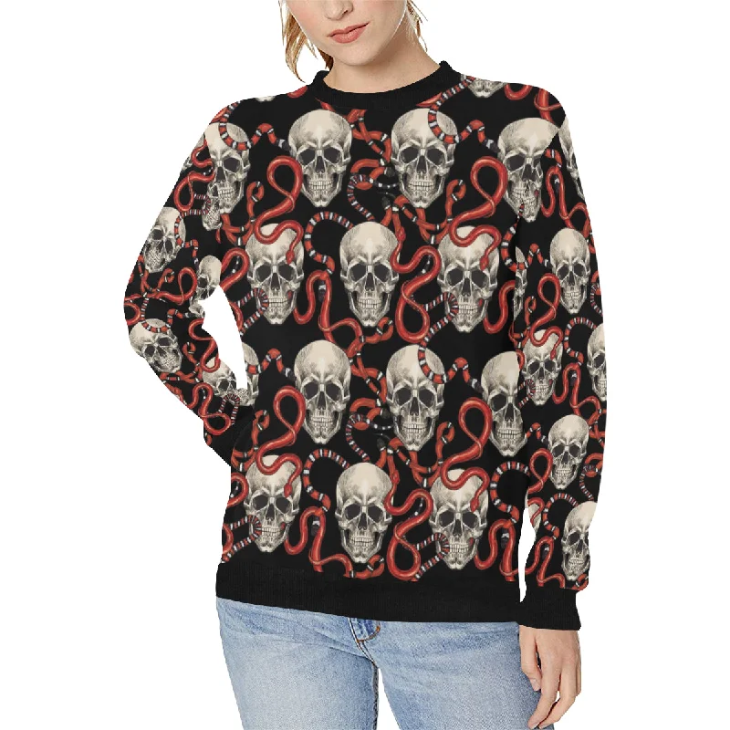 Red snake skull pattern Women's Crew Neck Sweatshirt Hoodie with Hem Frayed Vintage Worn