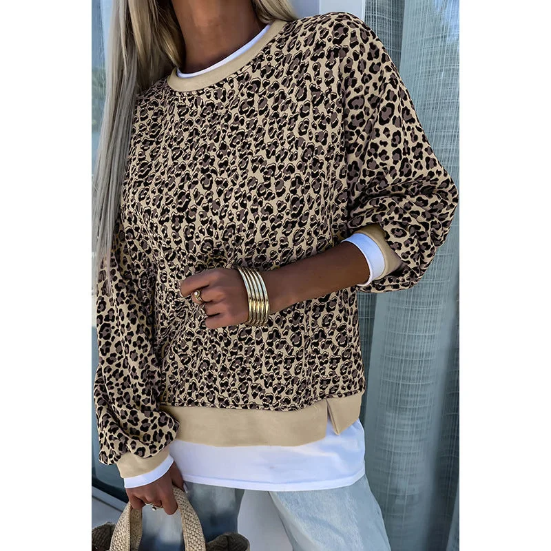 Wjczt frat outfits Personalized Leopard Print round Neck Sweater for Women 2024 Winter New Contrast Color Stitching Long Sleeve Pullover for Women Handmade Hand-knitted Hand-woven