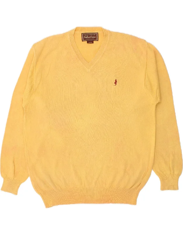 MARLBORO CLASSICS Mens V-Neck Jumper Sweater Large Yellow Cotton Transparent Opaque Sheer