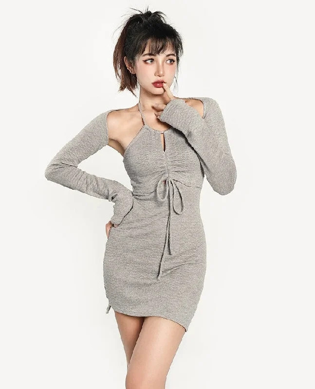 Emilia Solid Color Halter Long Sleeve Mini Dress Chic Pleated Mini Dress