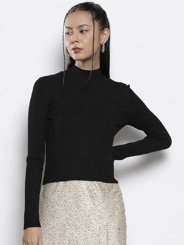 Women Black Rib High Neck Full Sleeves Sweater Fleece Fabric Down Fabric Feather Fabric Women Black Rib High Neck Full Sleeves Sweater Fleece Fabric Down Fabric Feather Fabric