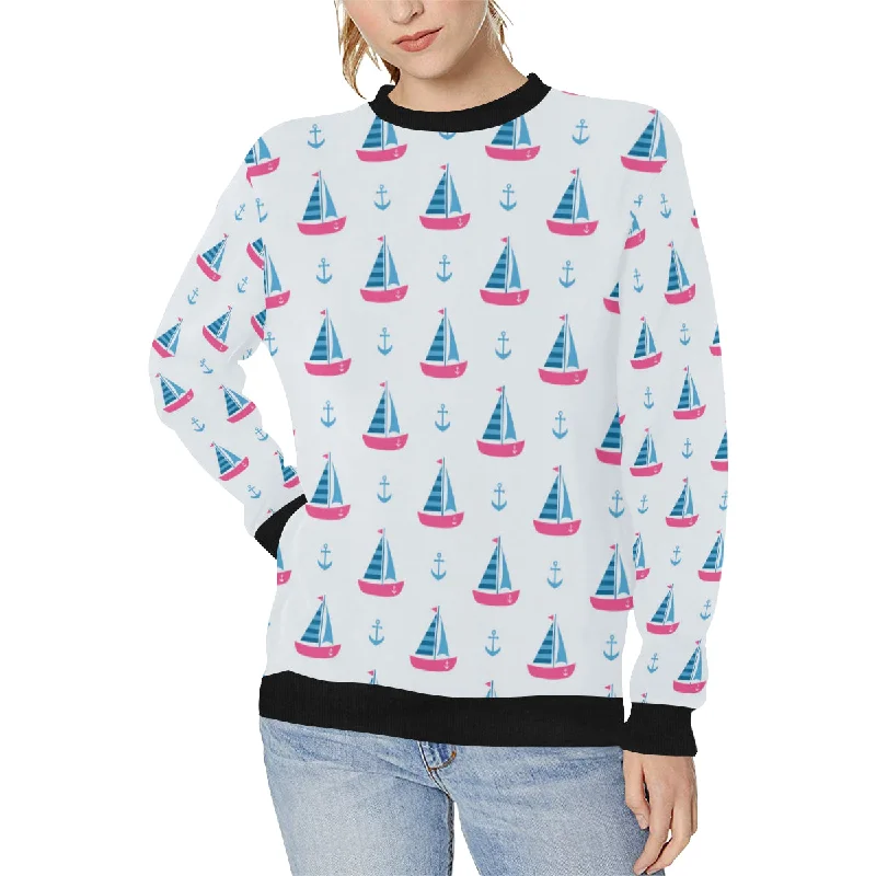 Sailboat anchor pattern Women's Crew Neck Sweatshirt Hoodie with Hem Frayed Vintage Worn