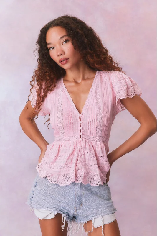 Quinella Cotton Peplum V-Neck Button-Down Blouse Romantic Lace Blouse