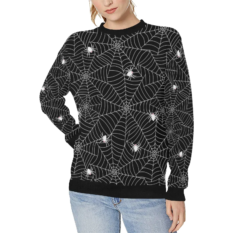 Spider web design pattern Black background white c Women's Crew Neck Sweatshirt Hoodie with Monochrome Minimalist Simple