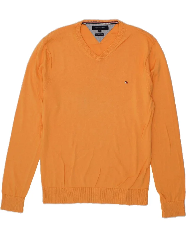 TOMMY HILFIGER Mens V-Neck Jumper Sweater XL Orange Cotton Satin Blend Silk Blend Wool Blend